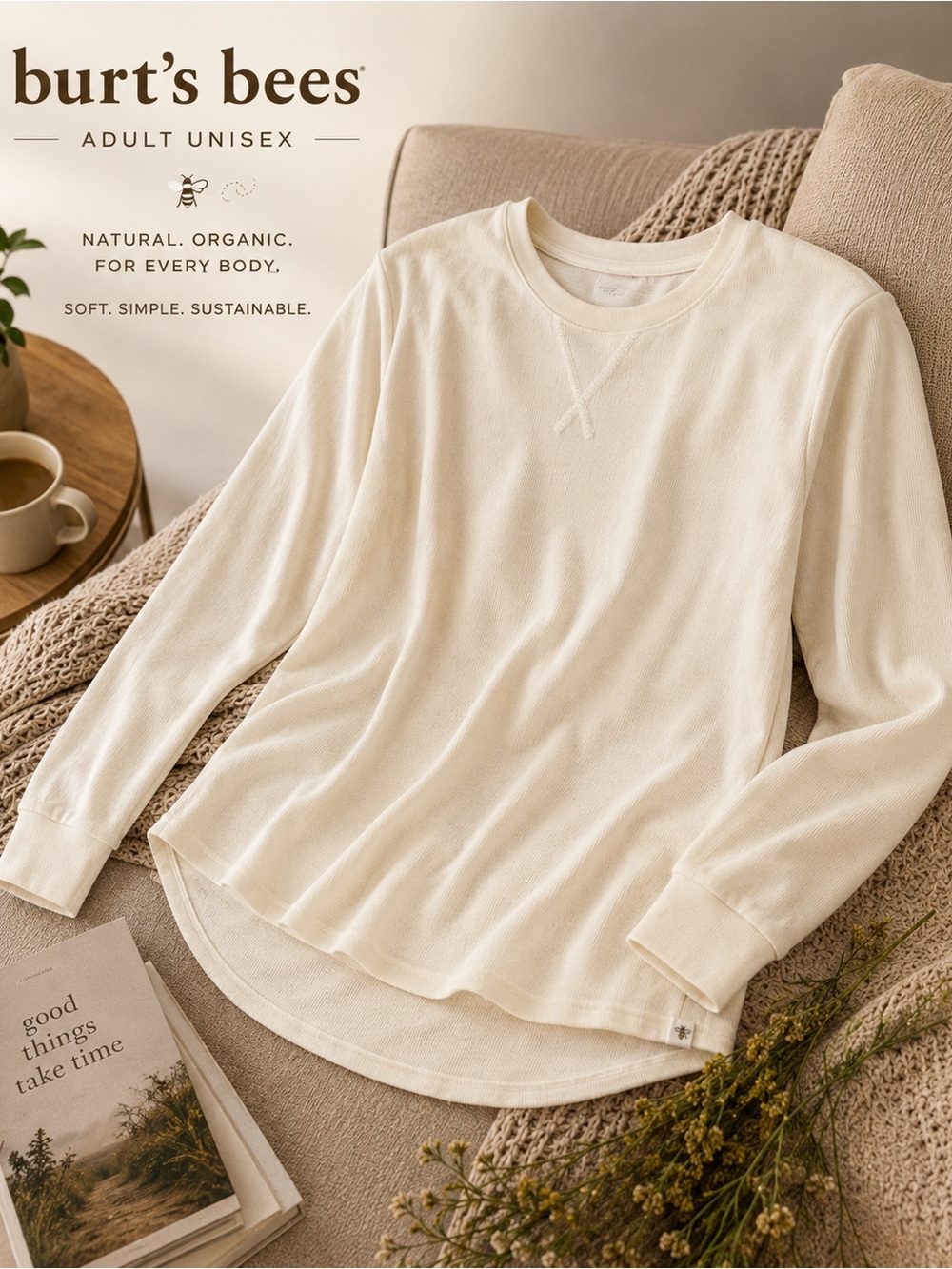 Burt’s Bees Baby Organic Cotton Thermal Lounge Top Adult Women’s Large Ivory